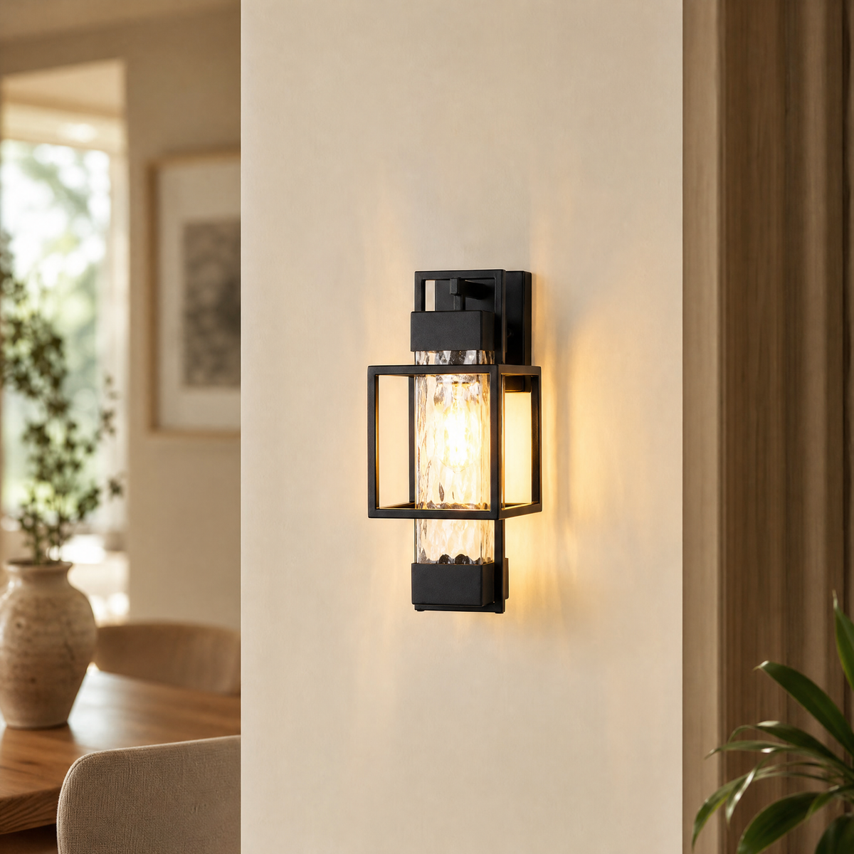 Metal Outdoor Lantern Modern Sand Black Iron Water Glass 1-Light for Porch Patio