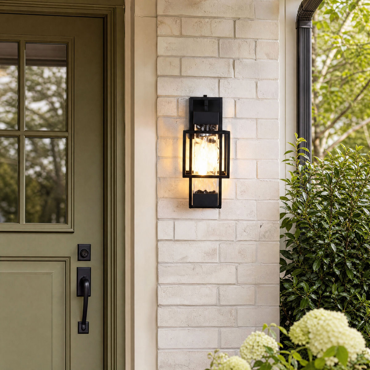 Metal Outdoor Lantern Modern Sand Black Iron Water Glass 1-Light for Porch Patio