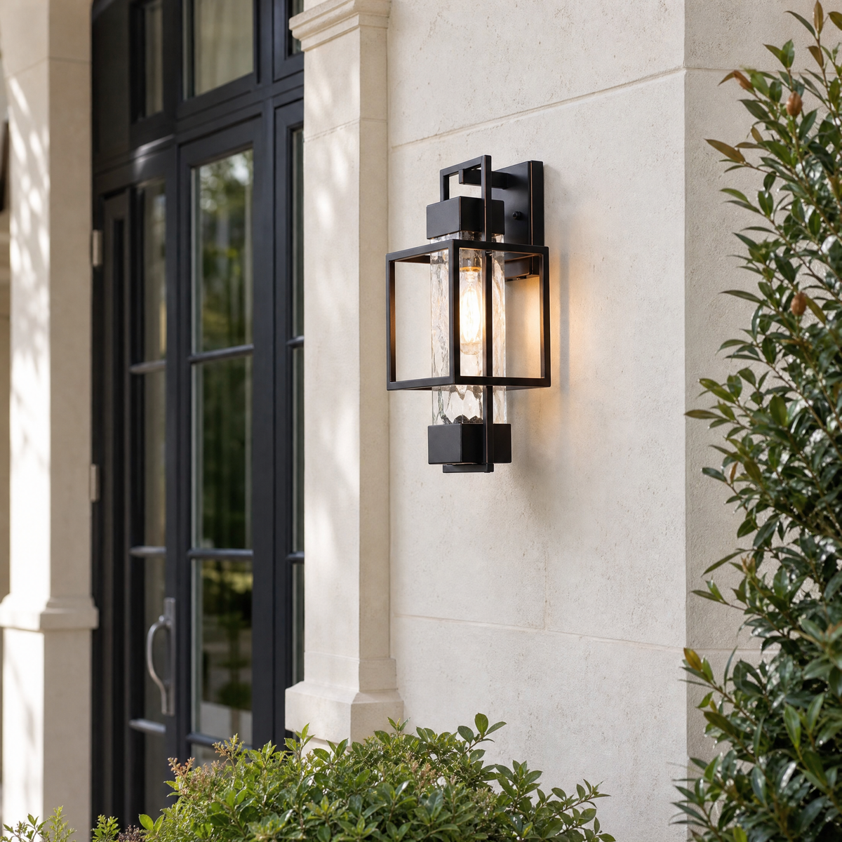 Metal Outdoor Lantern Modern Sand Black Iron Water Glass 1-Light for Porch Patio