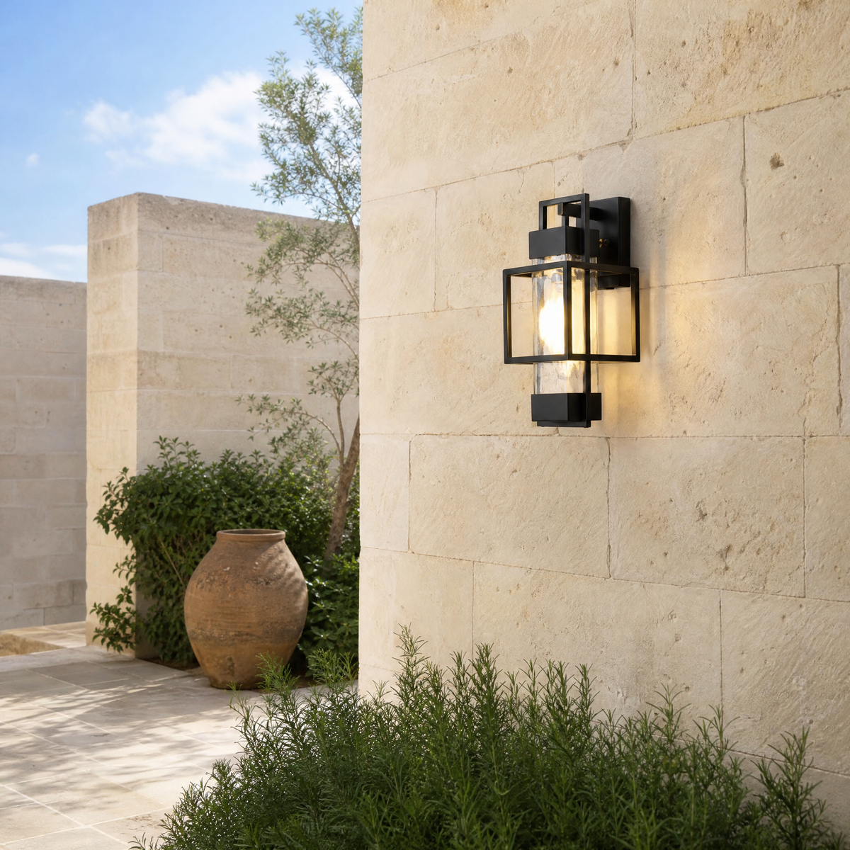 Metal Outdoor Lantern Modern Sand Black Iron Water Glass 1-Light for Porch Patio