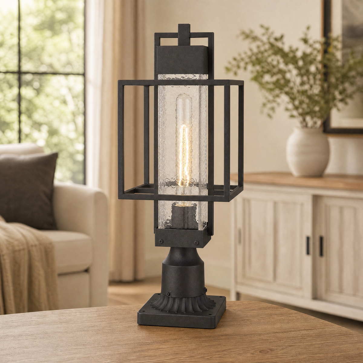 Metal Outdoor Lantern Modern Sand Black Iron Water Glass 1-Light for Porch Patio