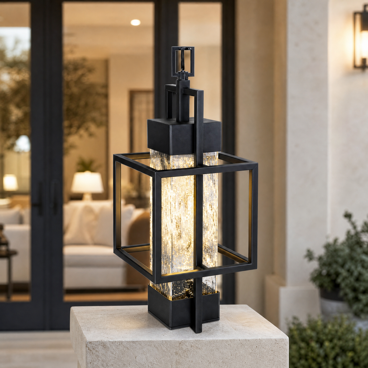 Metal Outdoor Lantern Modern Sand Black Iron Water Glass 1-Light for Porch Patio