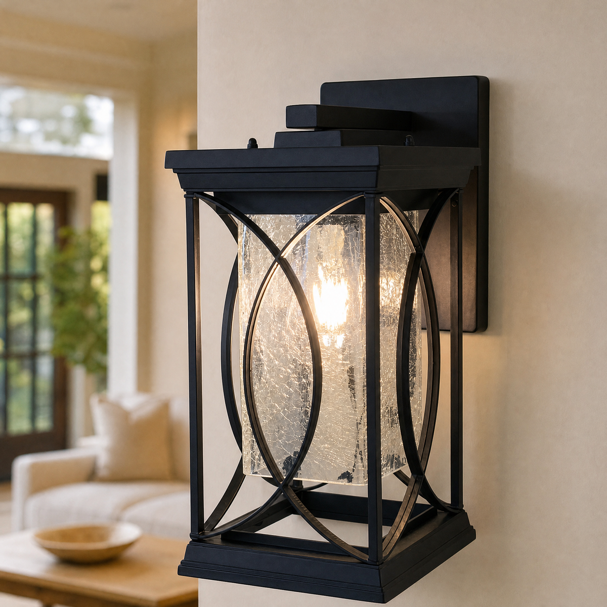Metal Outdoor Lantern Traditional Sand Black Die-cast Aluminum Seeded Glass for Porch