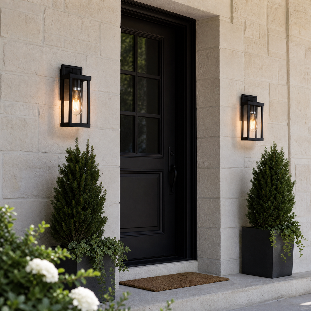 Metal Outdoor Wall Lantern Modern Sand Black Iron Aluminum Glass for Patio Porch
