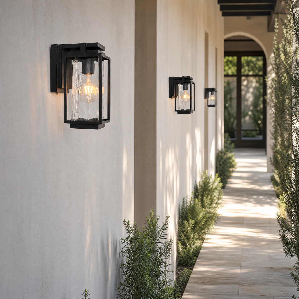 Metal Outdoor Wall Lantern Modern Sand Black Wrought Iron Glass for Patio Porch
