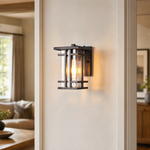 Mission Matte Black Iron Cage Outdoor Wall Lantern with Seeded Glass