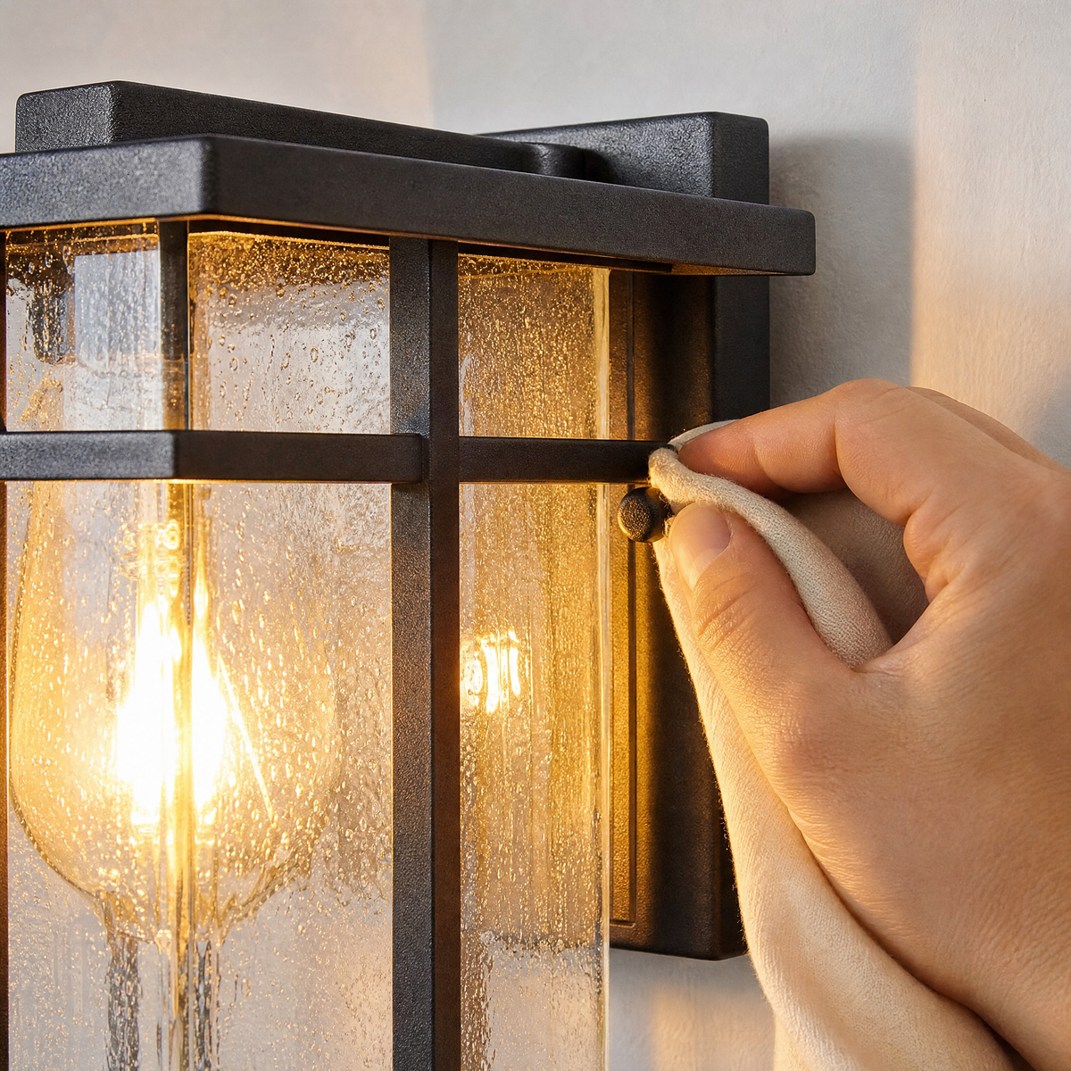 Mission Matte Black Iron Cage Outdoor Wall Lantern with Seeded Glass