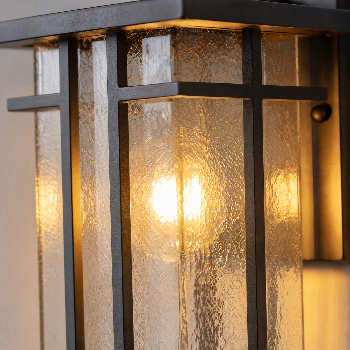 Mission Matte Black Iron Cage Outdoor Wall Lantern with Seeded Glass