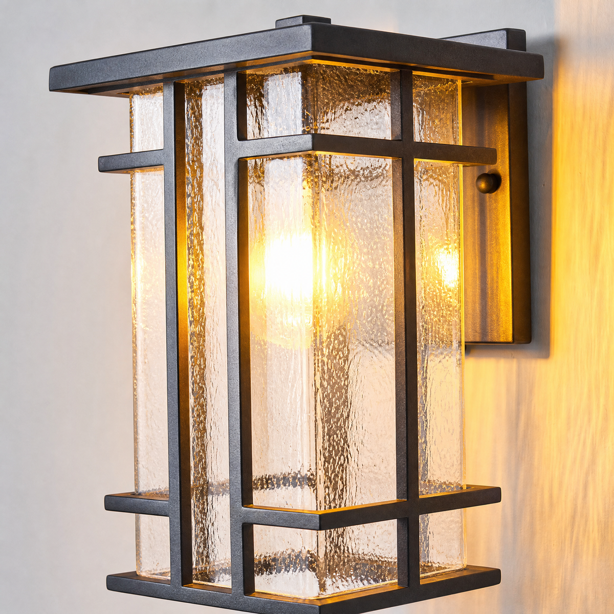 Mission Matte Black Iron Cage Outdoor Wall Lantern with Seeded Glass