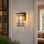 Mission Matte Black Iron Cage Outdoor Wall Lantern with Seeded Glass