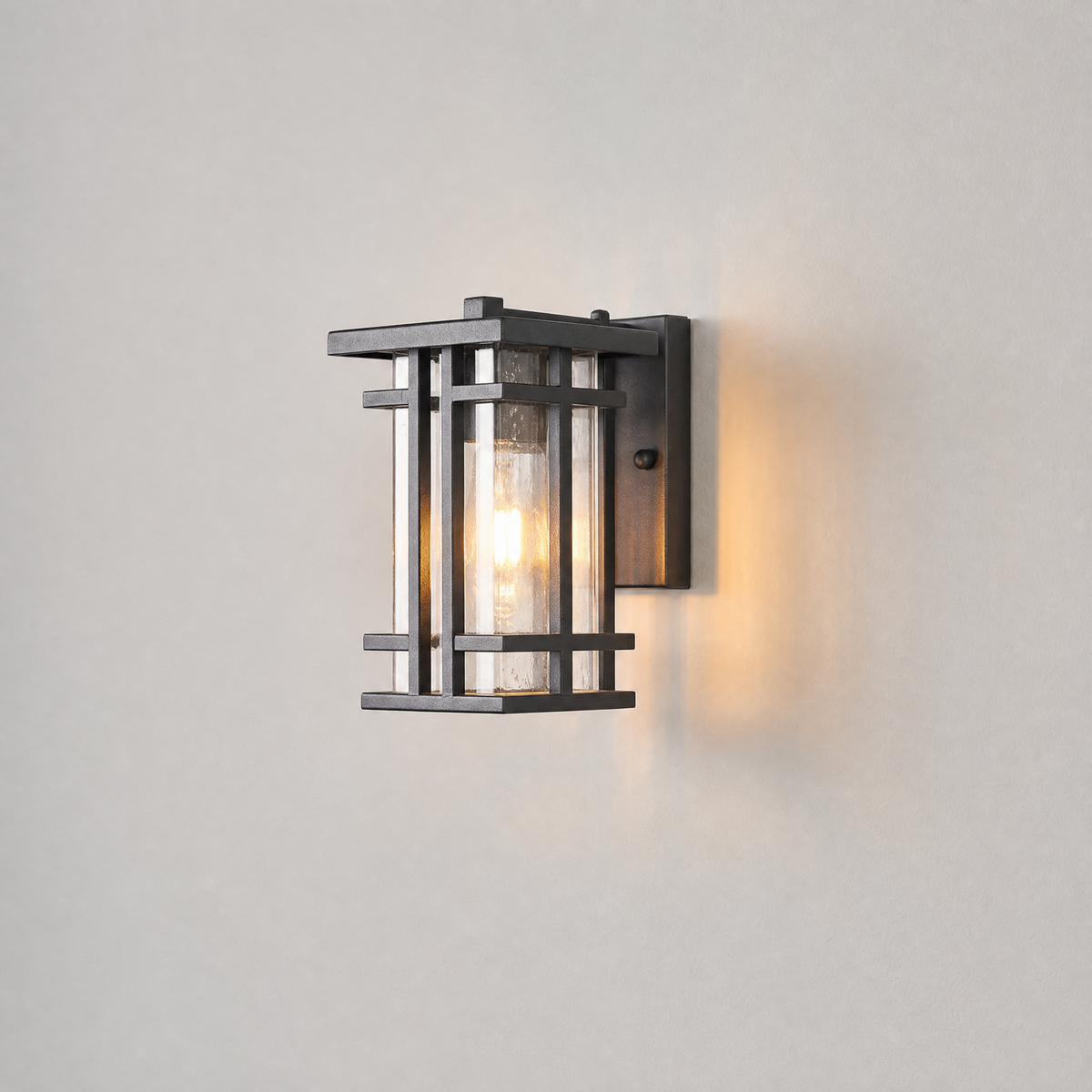 Mission Matte Black Iron Cage Outdoor Wall Lantern with Seeded Glass