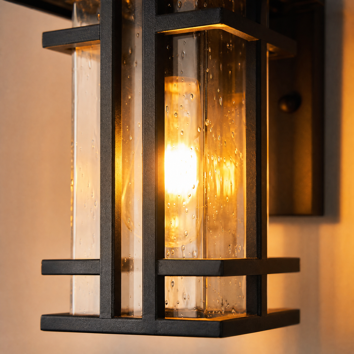 Mission Matte Black Iron Cage Outdoor Wall Lantern with Seeded Glass
