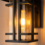 Mission Matte Black Iron Cage Outdoor Wall Lantern with Seeded Glass