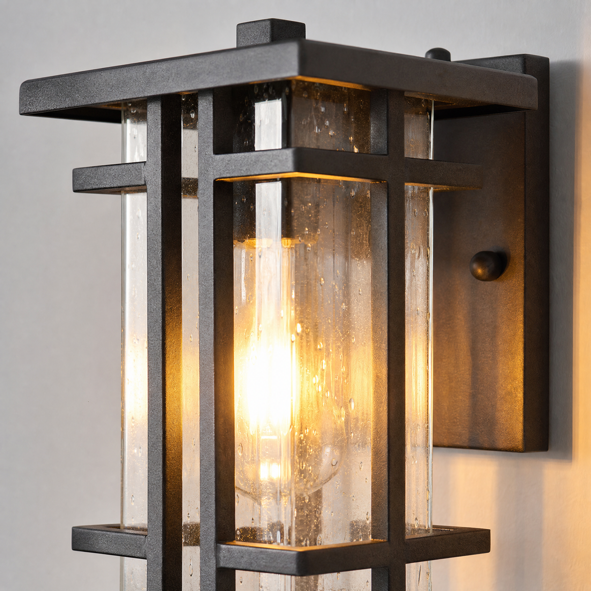 Mission Matte Black Iron Cage Outdoor Wall Lantern with Seeded Glass