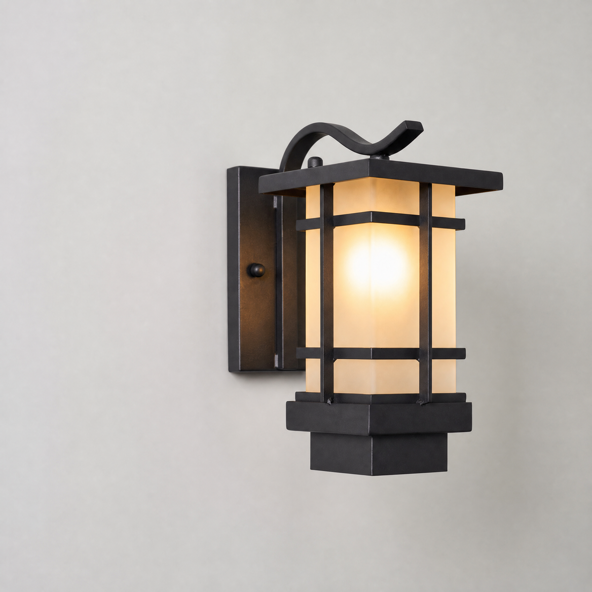Mission Style Matte Black Iron and Glass Outdoor Wall Lantern