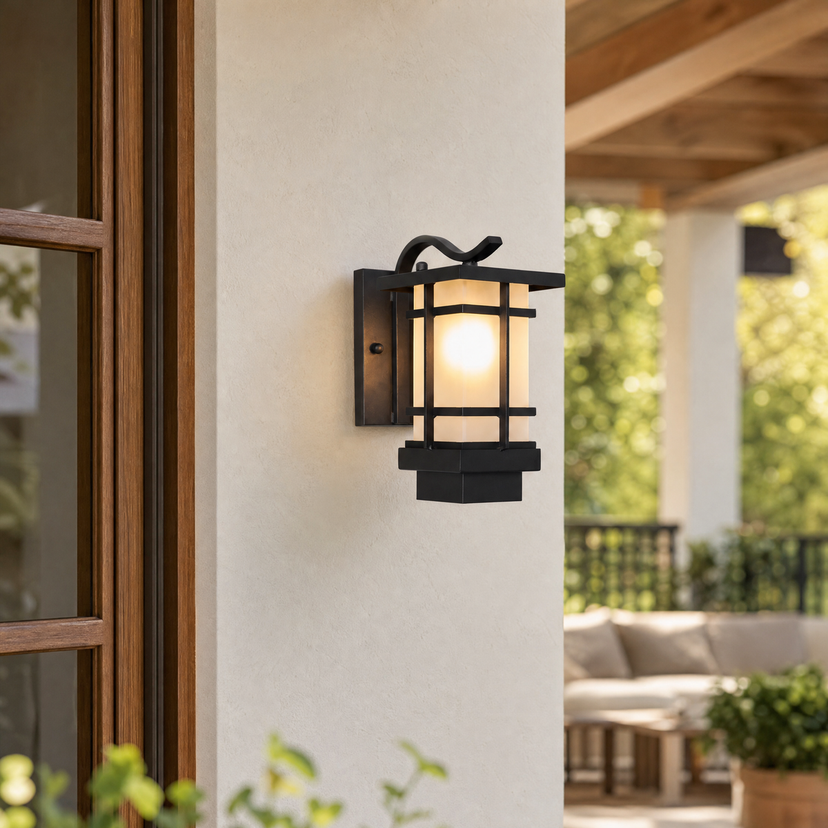 Mission Style Matte Black Iron and Glass Outdoor Wall Lantern
