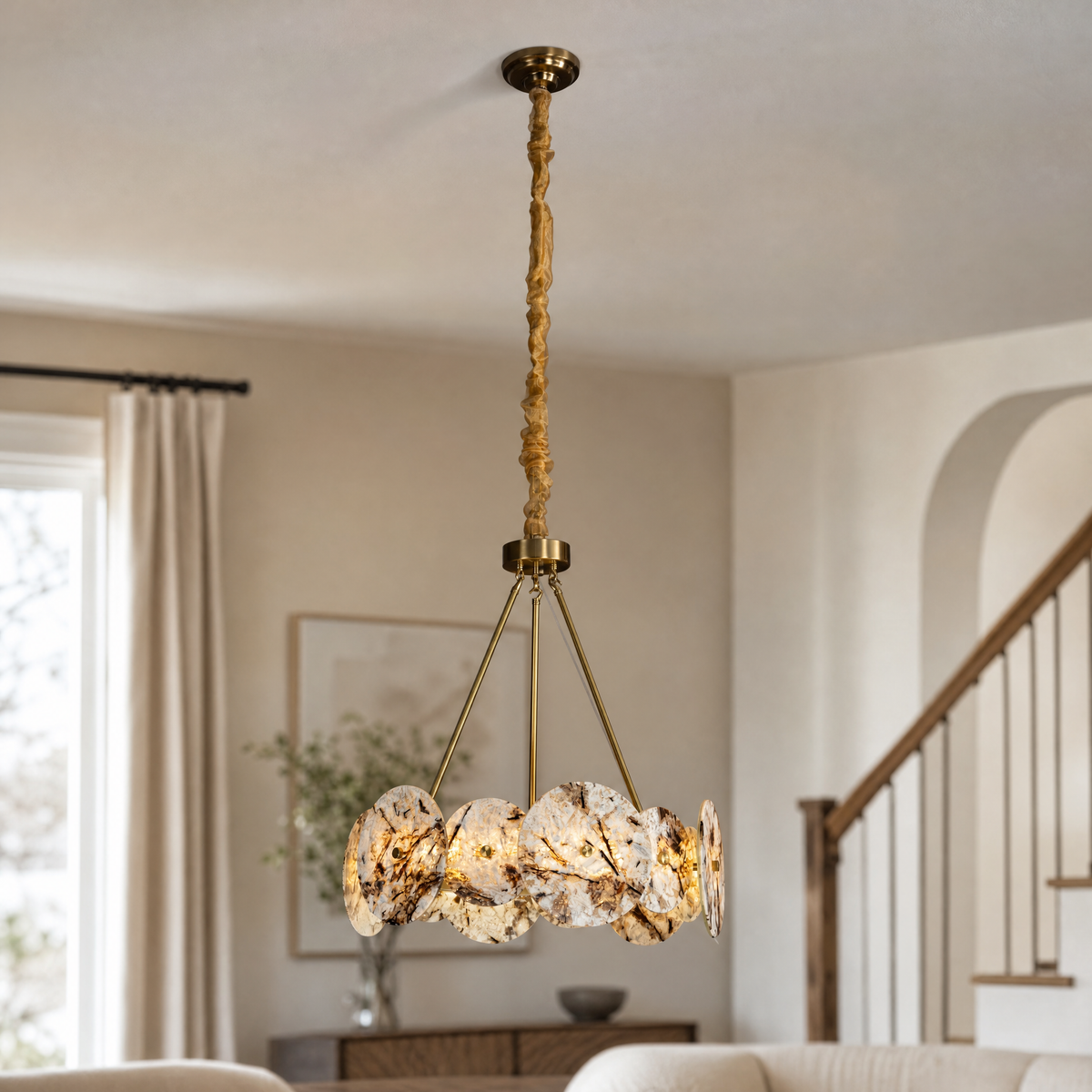 Modern Chandelier Gold Natural Stone Metal Ø22.4" for Dining Room Foyer