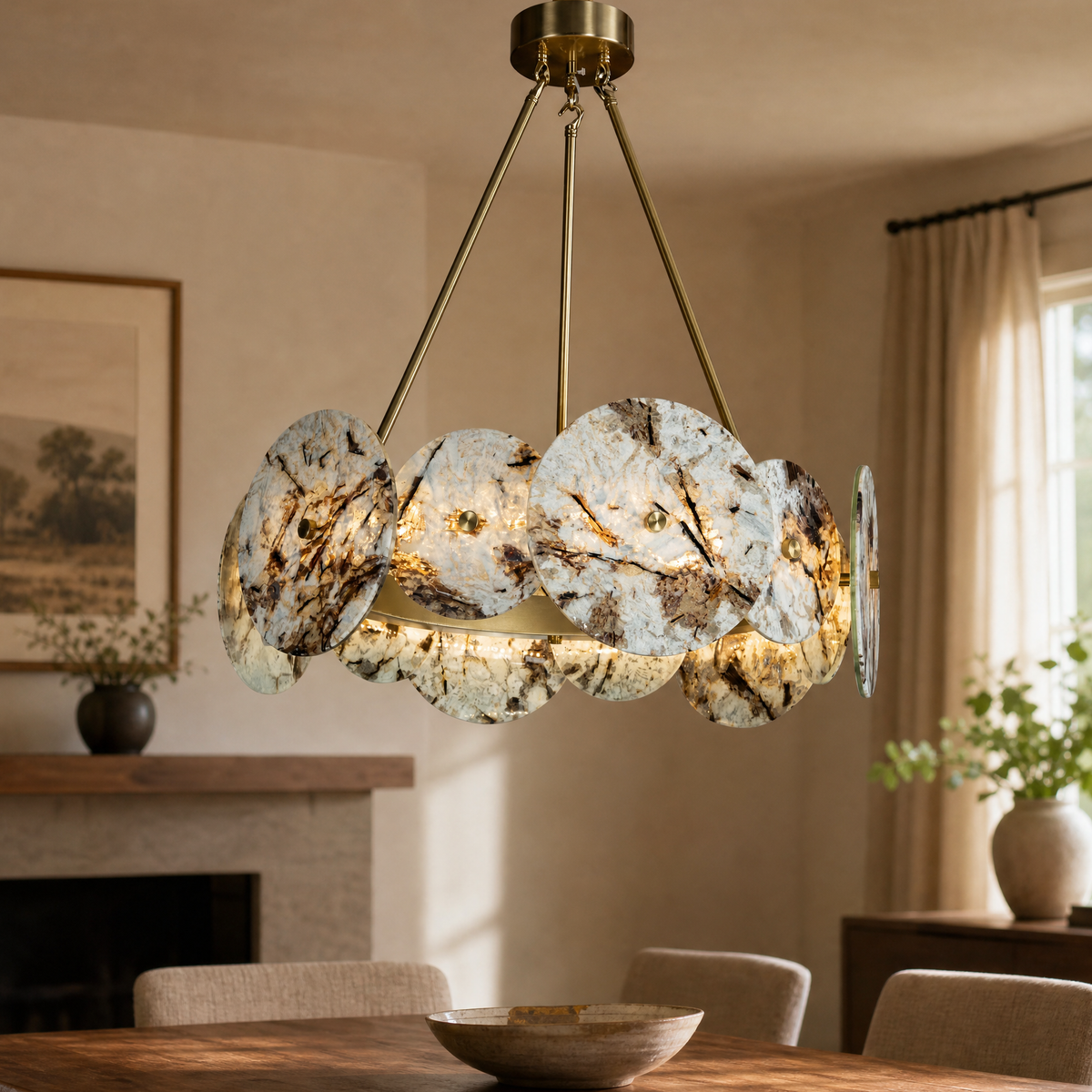 Modern Chandelier Gold Stone-Look Metal Ø22.4" for Dining Room Foyer