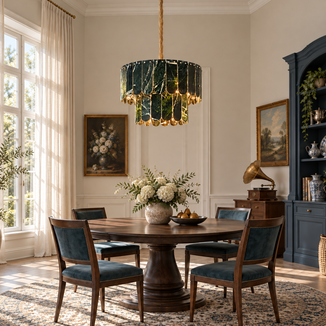 Modern Chandelier Green Stone Gold 2-Tier Ø25.6" for Dining Room