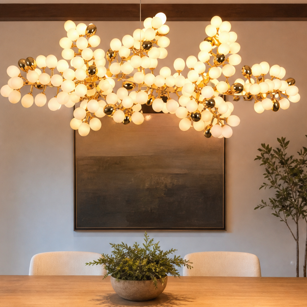 Modern Chandelier Natural Brass Metal Frosted Glass for Dining Room