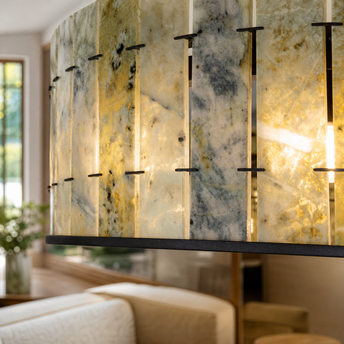Modern Chandelier Natural Stone Panels Black Metal Ø23.6" for Dining Room