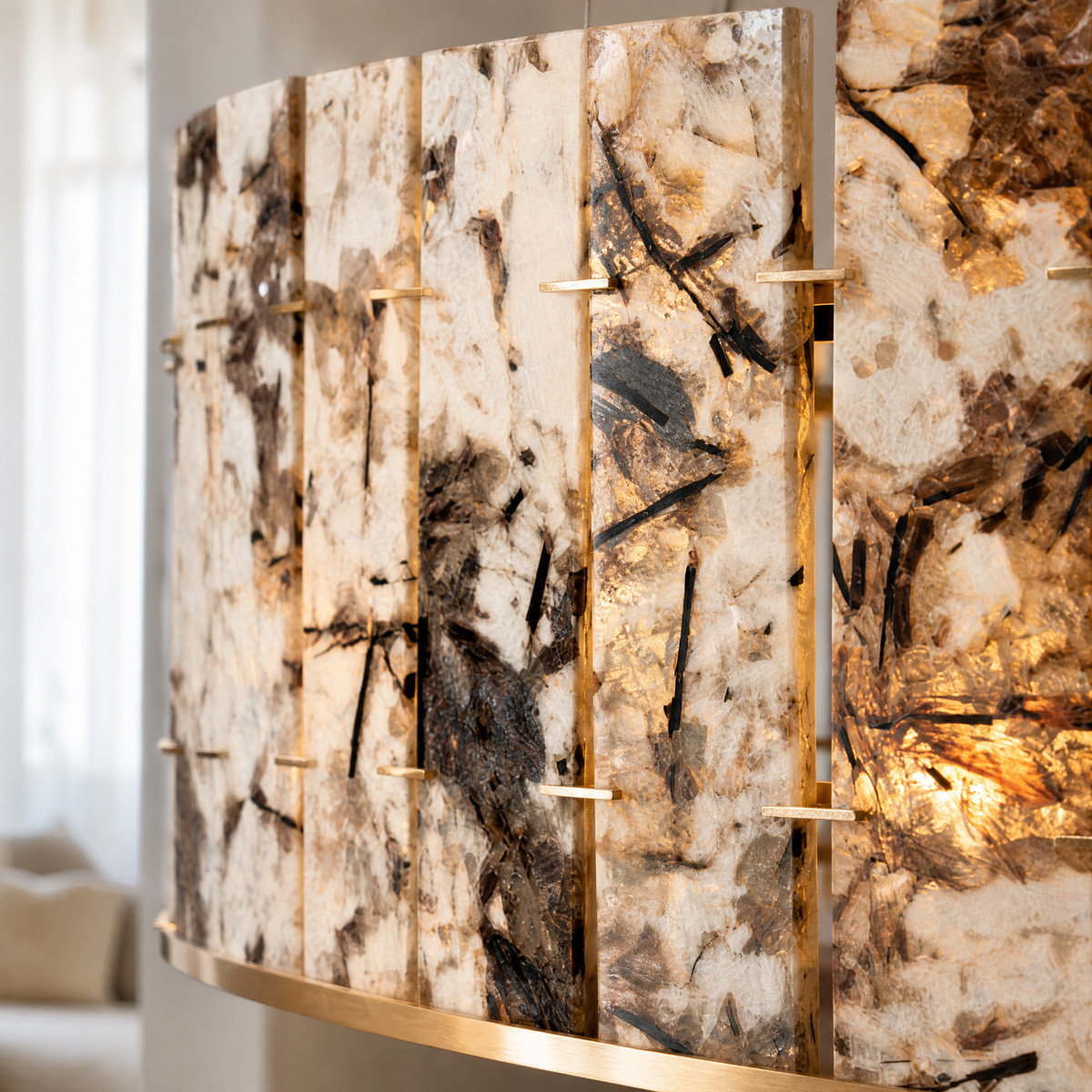 Modern Chandelier Natural Stone Panels Black Metal Ø23.6" for Dining Room