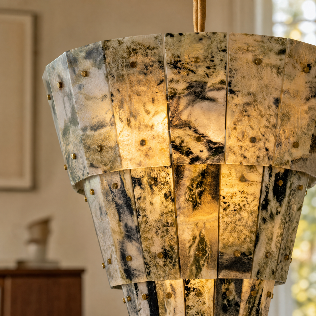 Modern Chandelier Organic Modern Gold Natural Stone Metal Ø23.6" for Dining Room
