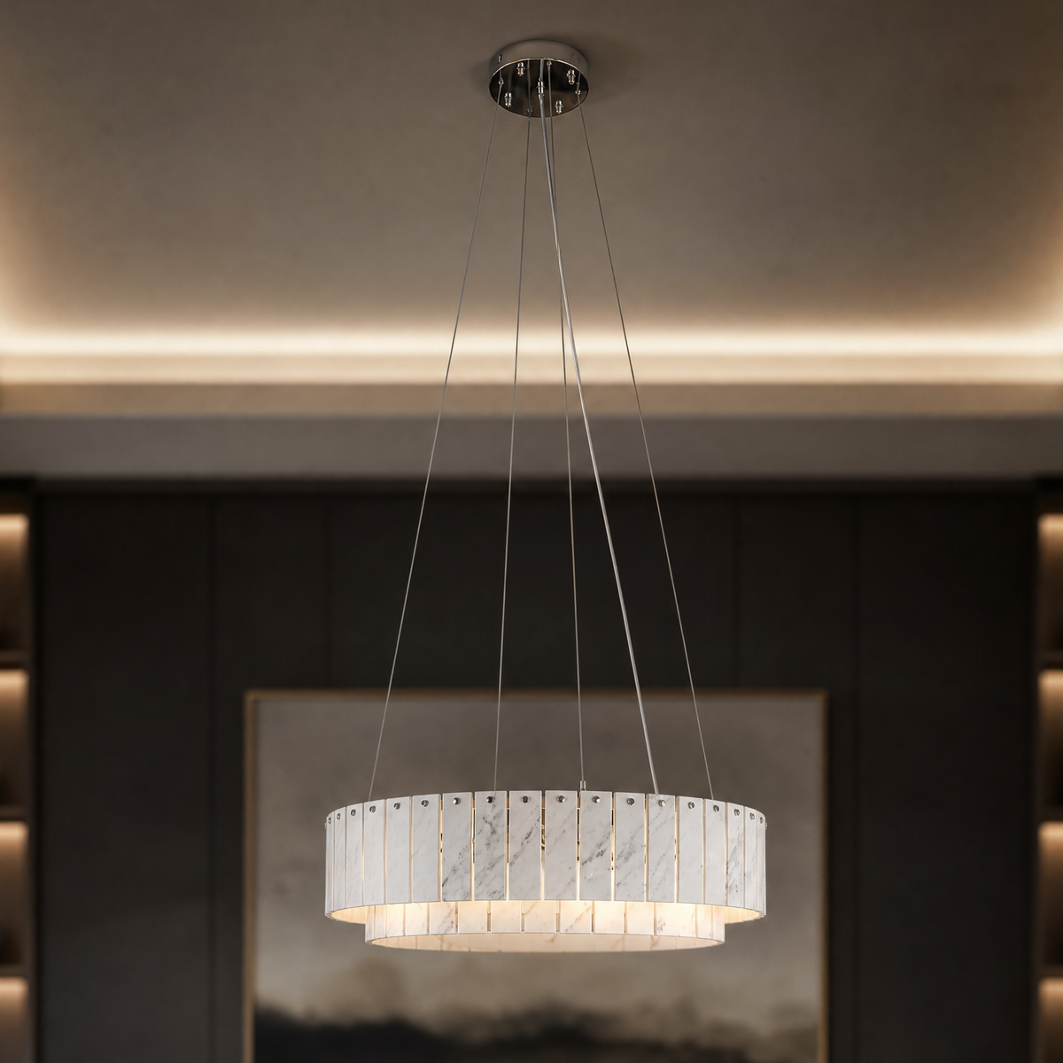 Modern Chandelier Organic Modern Gold Natural Stone Metal 2-Tier for Dining Room
