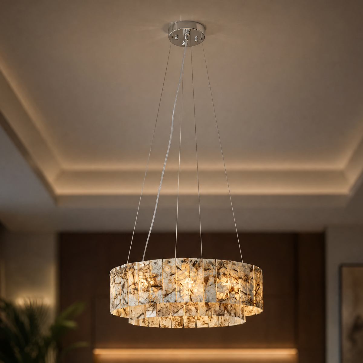Modern Chandelier Organic Modern Gold Stone-Look Metal 2-Tier for Dining Room