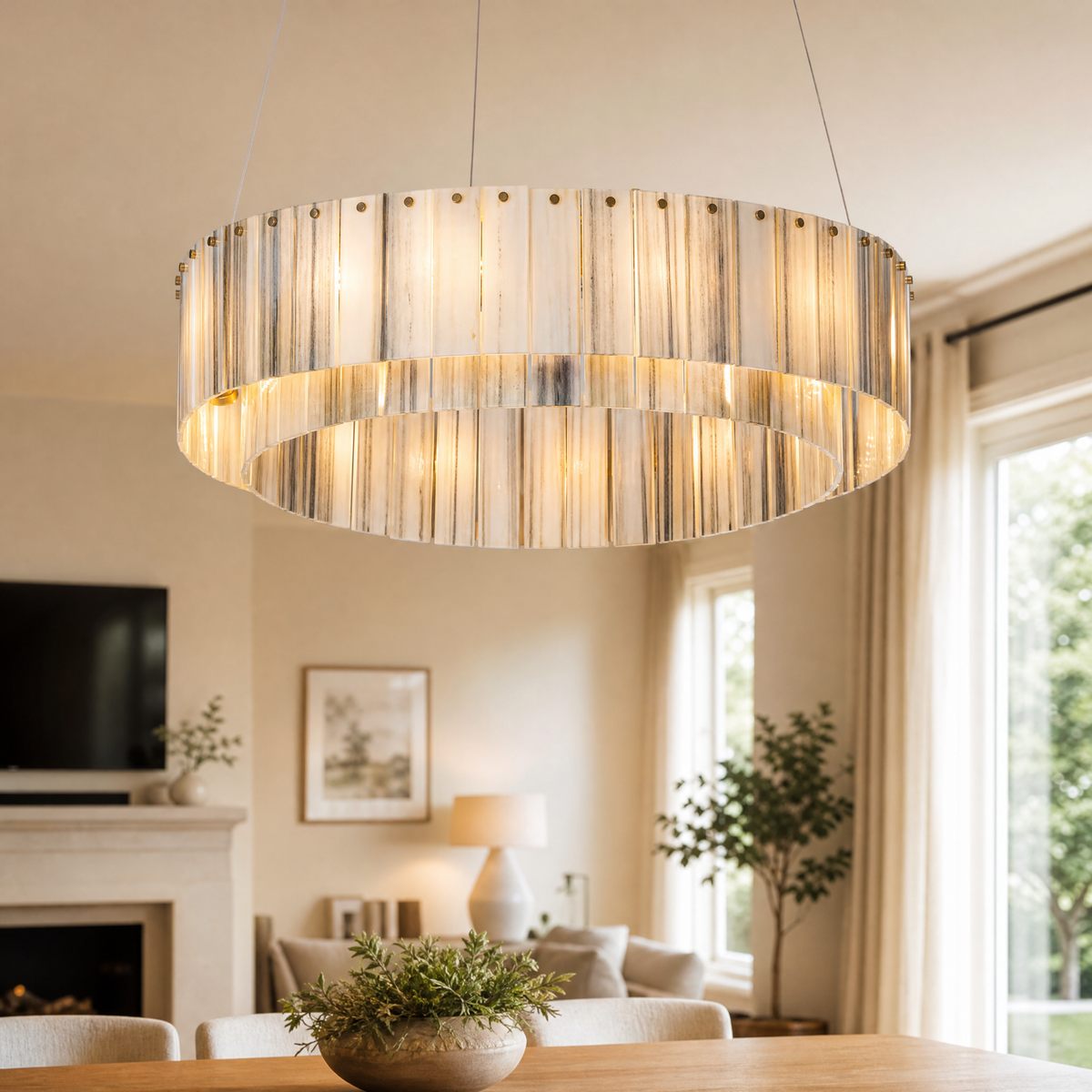 Modern Chandelier Organic Modern Gold Stone-Look Metal 2-Tier for Dining Room