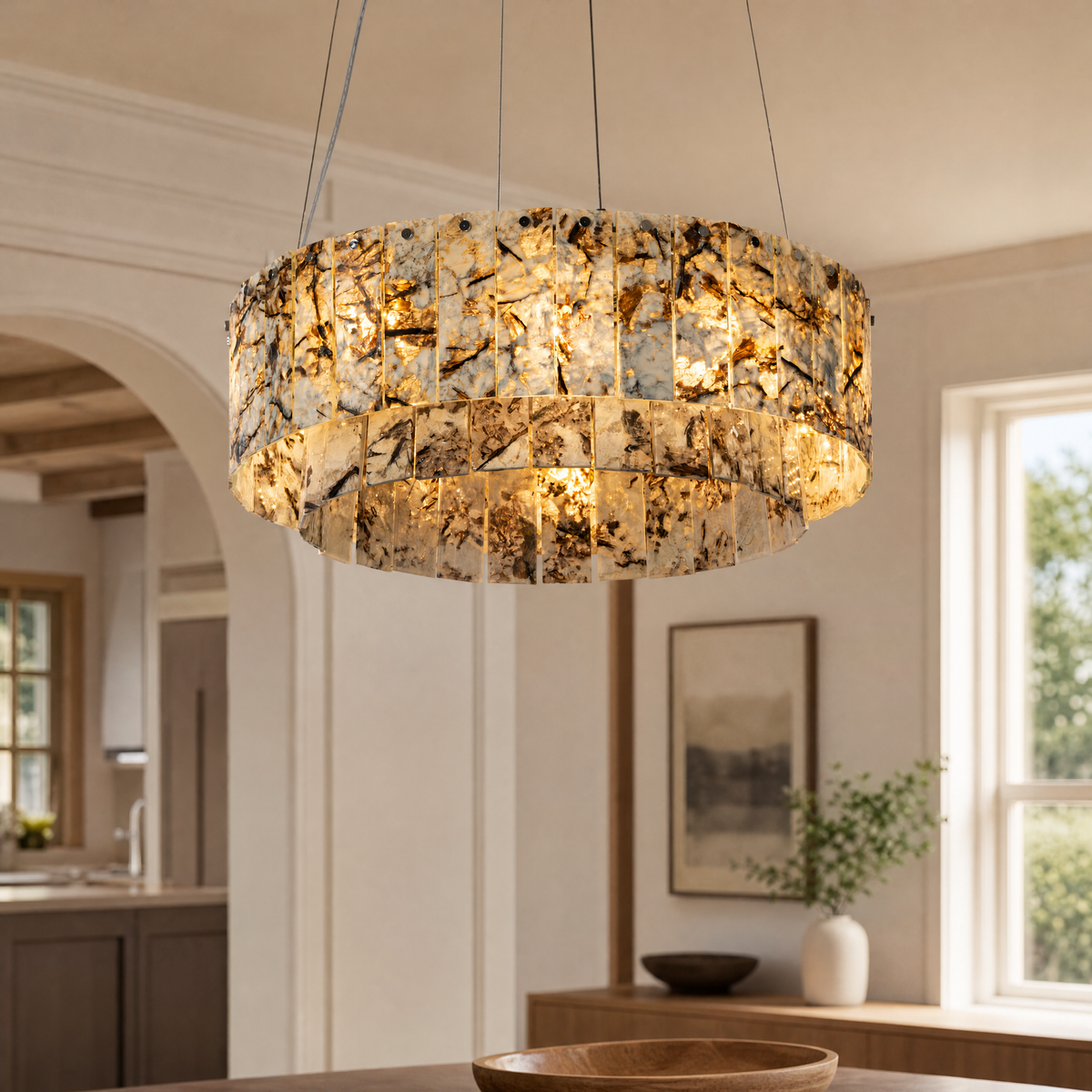 Modern Chandelier Organic Modern Gold Stone-Look Metal 2-Tier for Dining Room