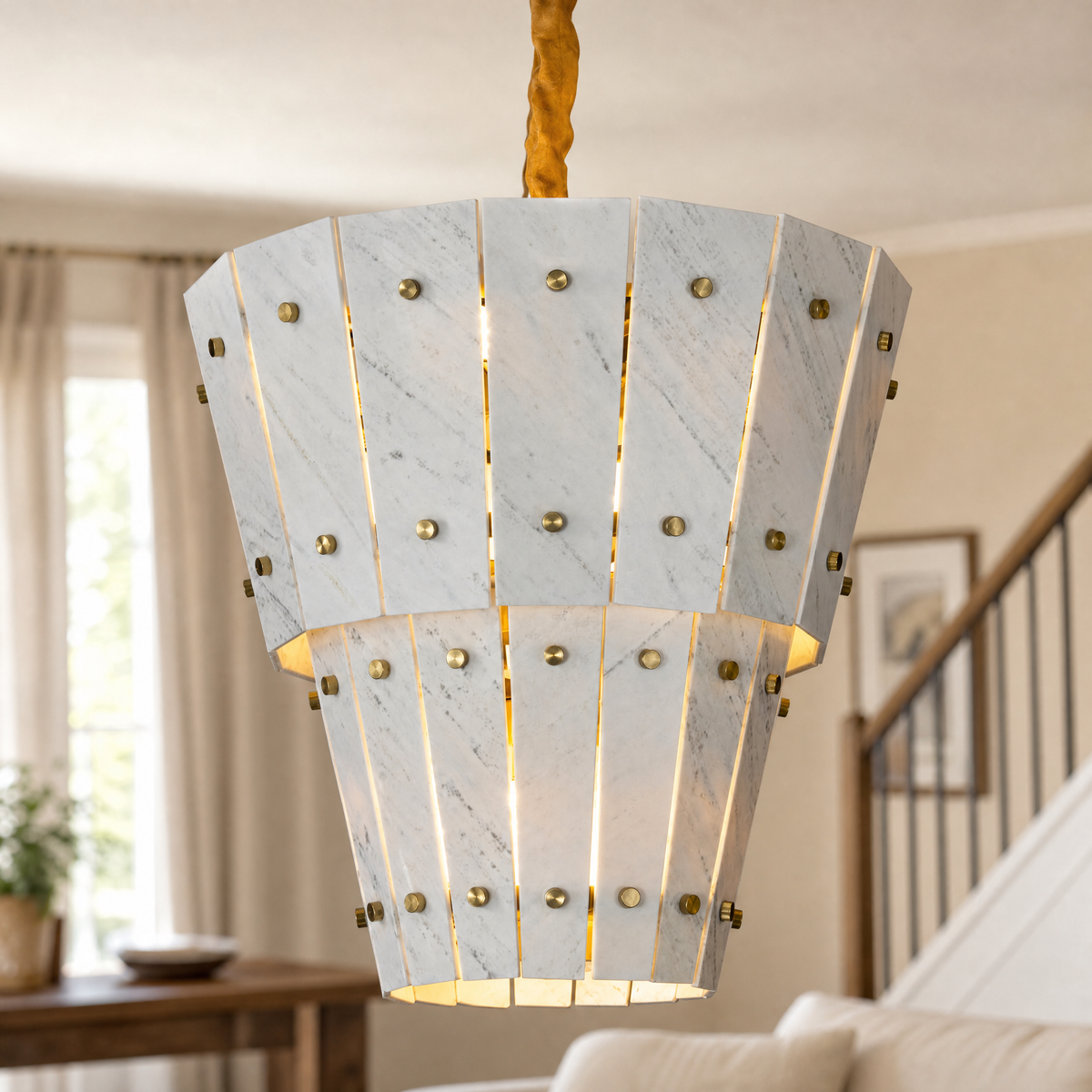 Modern Chandelier Organic Modern Gold Stone-Look Metal Ø23.6" for Dining Room