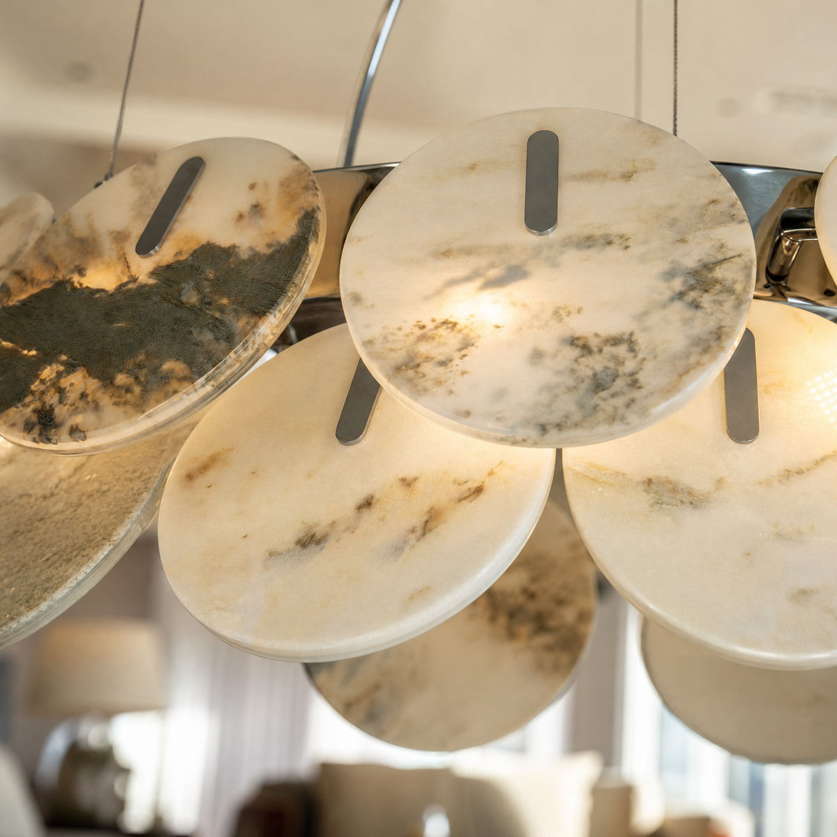 Modern Chandelier Organic Modern Natural Stone Gold Metal Ø23.6" for Dining Room