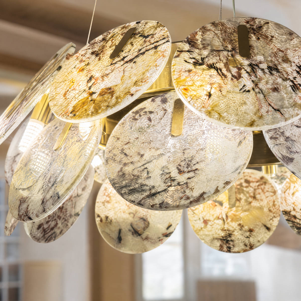Modern Chandelier Organic Modern Natural Stone Gold Metal Ø23.6" for Dining Room