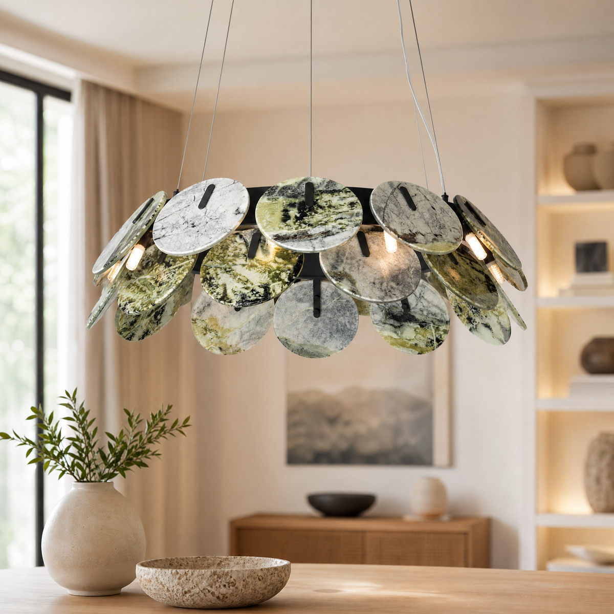 Modern Chandelier Organic Modern Stone-Look Gold Metal Ø23.6" for Dining Room