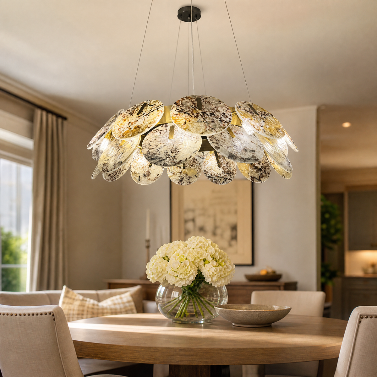 Modern Chandelier Organic Modern Stone-Look Gold Metal Ø23.6" for Dining Room