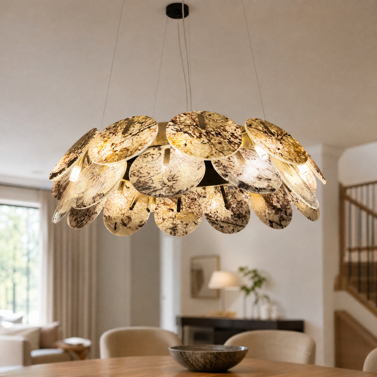 Modern Chandelier Organic Modern Stone-Look Gold Metal Ø23.6" for Dining Room