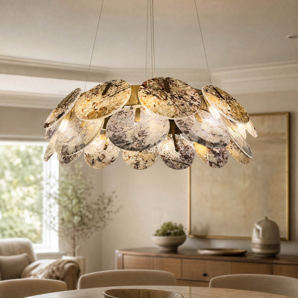 Modern Chandelier Organic Modern Stone-Look Gold Metal Ø23.6" for Dining Room
