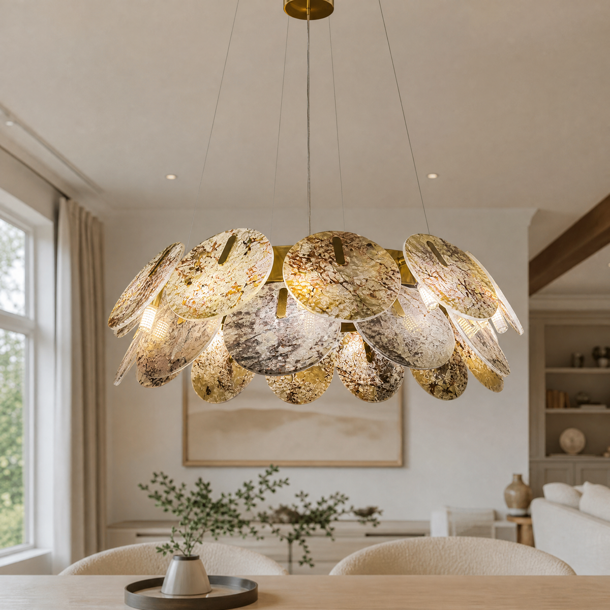 Modern Chandelier Organic Modern Stone-Look Gold Metal Ø23.6" for Dining Room