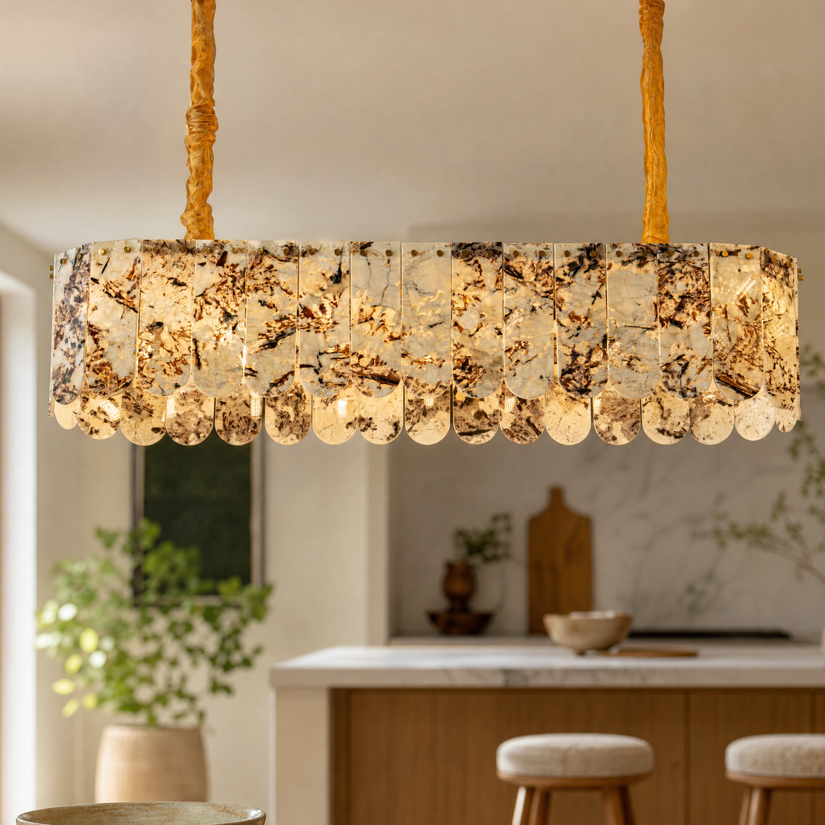 Modern Chandelier Natural Stone Metal L35.4" for Kitchen Dining Room