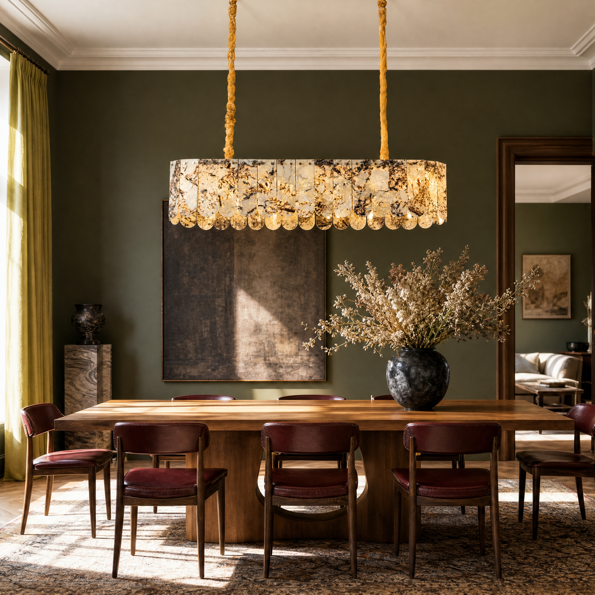 Modern Chandelier Natural Stone Metal L35.4" for Kitchen Dining Room