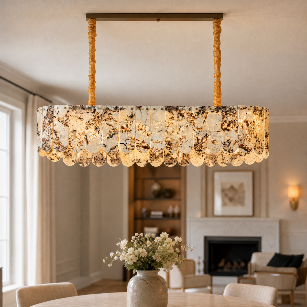 Modern Chandelier Stone-Look Metal L35.4" for Kitchen Dining Room