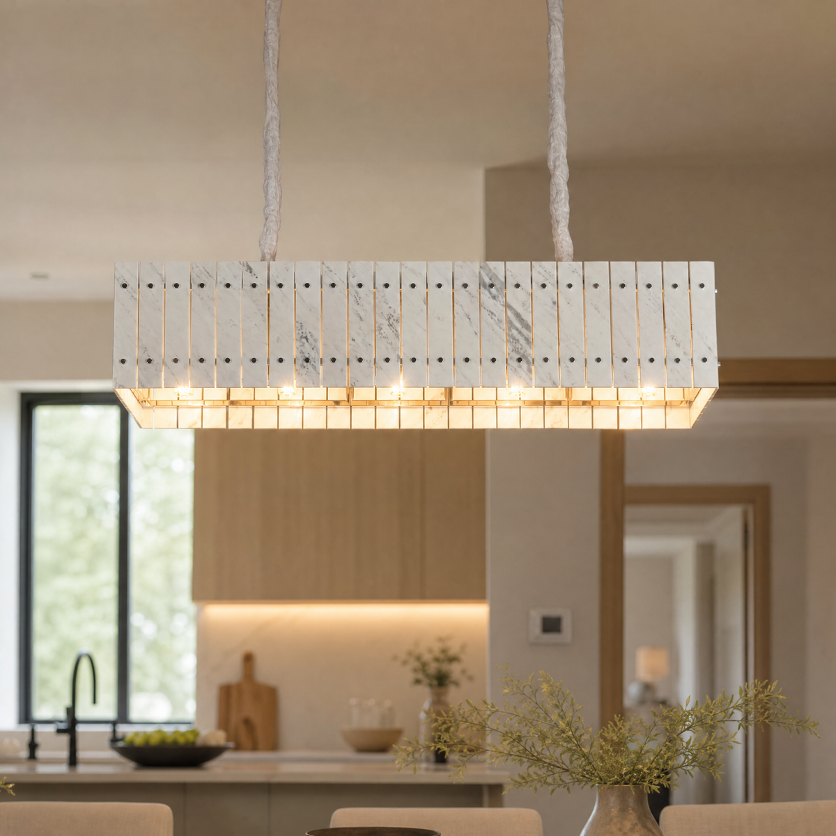 Modern Chandelier Stone-Look Metal L35.4" for Living Room Kitchen