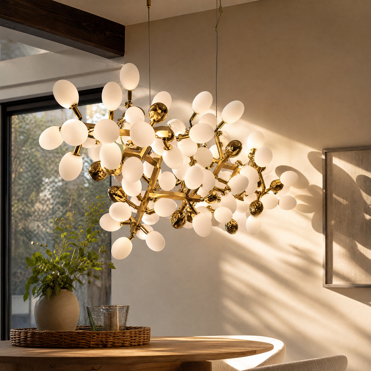 Modern Linear Chandelier Grape Cluster Brass Metal Frosted Glass for Dining Room Kitchen