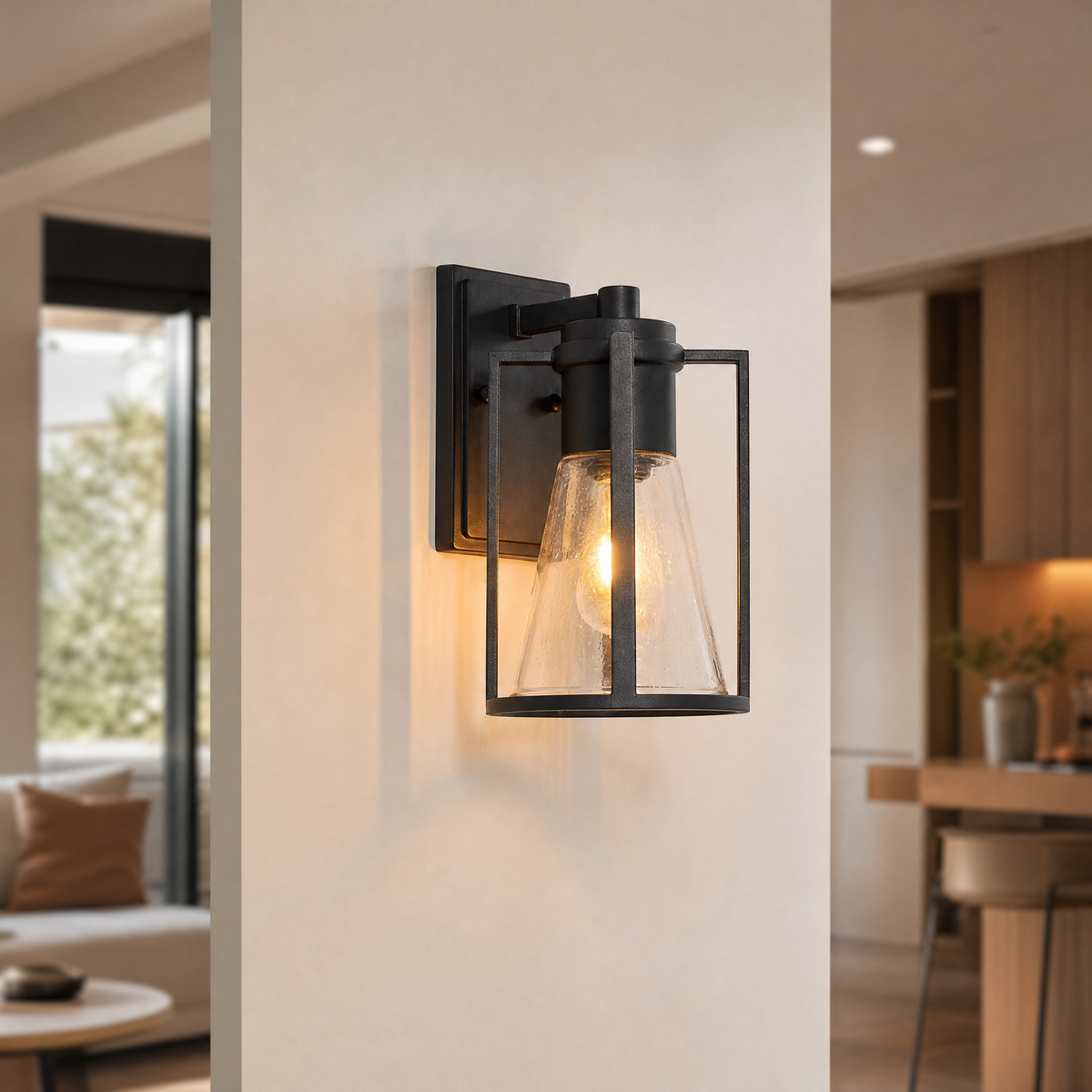 Modern Matte Black Iron and Glass Outdoor Wall Sconce