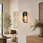 Modern Matte Black Iron and Glass Tall Outdoor Wall Sconce