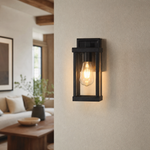Modern Matte Black Steel and Clear Glass Outdoor Wall Lantern