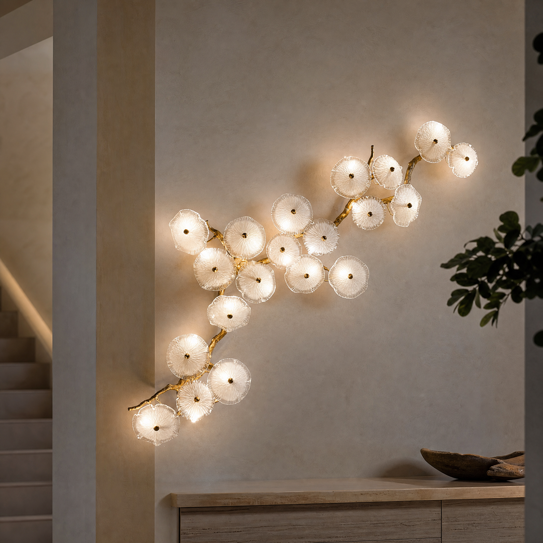 Modern Organic Branch Wall Sconce with Textured Glass Blossoms