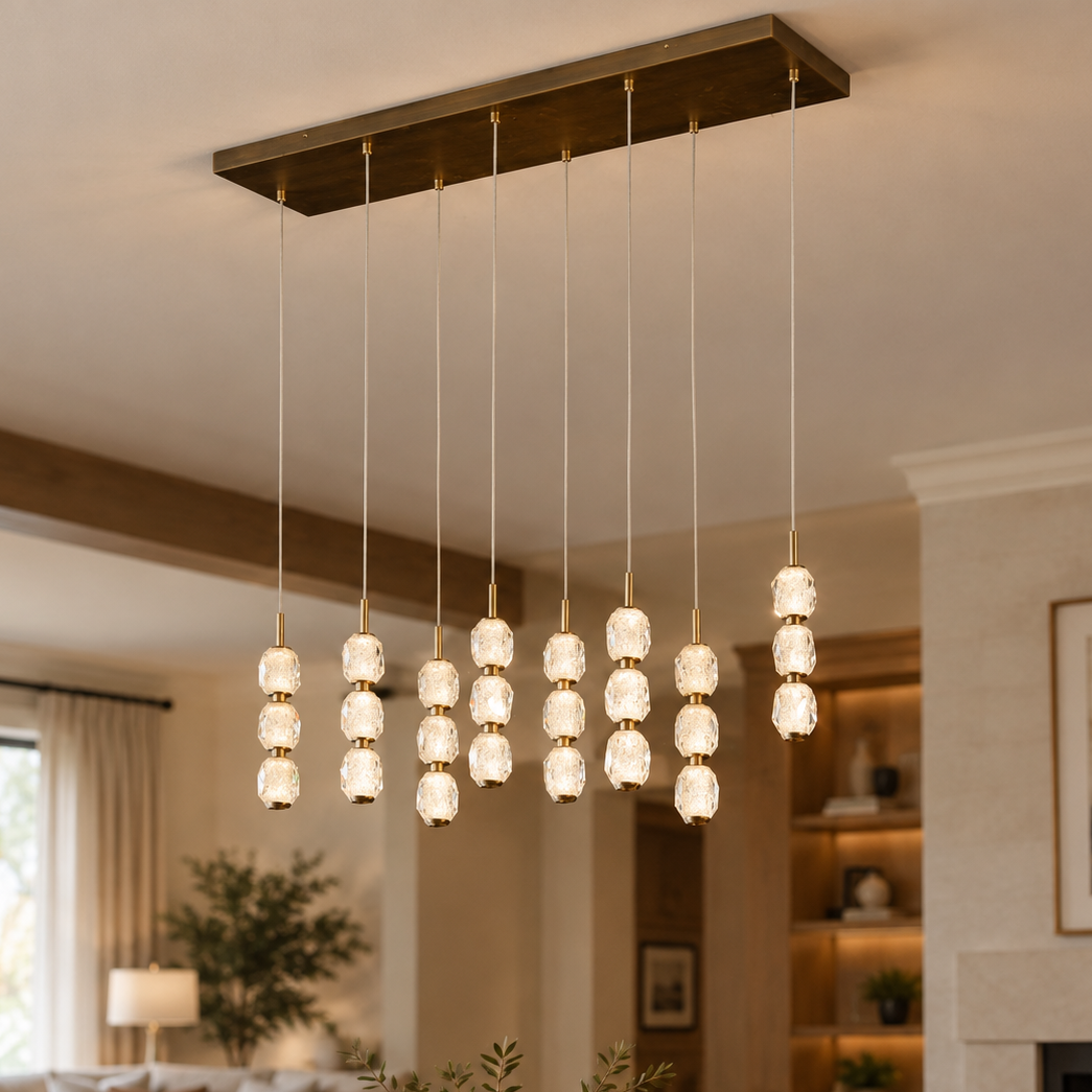 Modern Pendant Light Brushed Brass Clear Crystal 31.5" L for Dining Room