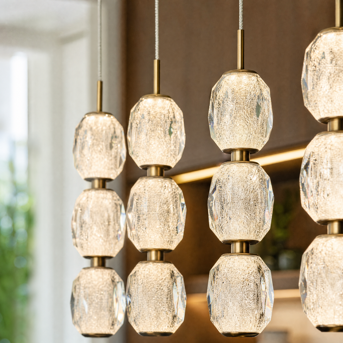 Modern Pendant Light Brushed Brass Clear Crystal 31.5" L for Dining Room
